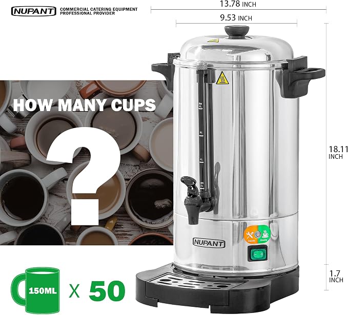 NUPANT Commercial Coffee Urn 50 Cup/8L Coffee Dispenser with Upgraded Percolator, Double Wall 304 Stainless Steel Hot Water Urn Beverage Dispenser, Keep Warm Large Coffee Maker for Catering Party