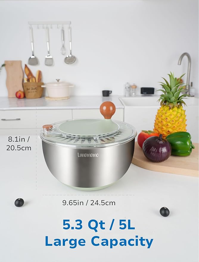 Stainless Steel Salad Spinner, BPA Free, Quick Dry & Stop, 5.3 Qt | Non-Slip Lettuce Veggie Spinner, Drain, Stop Button, Vegetable Fruit Washer, Dishwasher Safe, Also as Serving & Salad Bowl