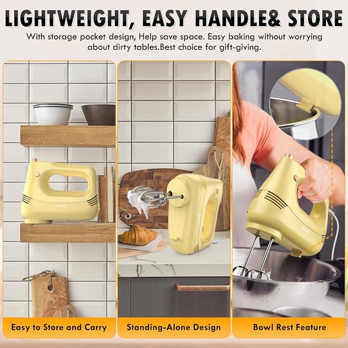 GUALIU Electric Hand Mixer, 304*(2* Beaters, 2* Dough Hooks), (1* Storage Bag) Handheld Mixer for Baking Cakes, Eggs, Cream Food Mixers, Turbo Boost /5 Speed Kitchen Blender YELLOW