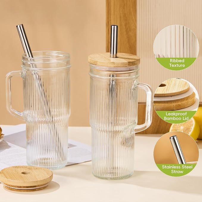 JunVpic Glass Tumbler, 24 oz Ice Coffee Cups with Bamboo Lid and Handle | Stainless steel straws and cleaning brushes, Ribbed design for iced coffee, smoothies, tea and daily drinks