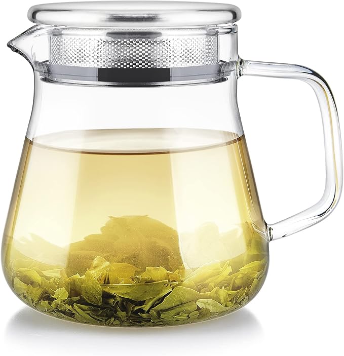 Teabloom One-Touch Tea Maker, 2-in-1 Teapot and Kettle with Stainless Steel Filter Lid for Loose Tea – Stain-Free Borosilicate Glass Tea Pot (15 Oz) – Tea Connoisseur's Choice