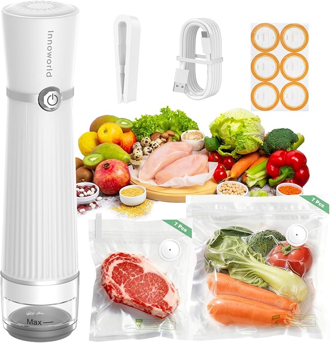 Compact Handheld Vacuum Sealer Machine for Food with 14 Reusable Bags | Powerful 60 kPa Suction, 6X Preservation & Fresh, Innovative Visible Water Tank,Portable Sealer Machine with 14 Reusable Bags
