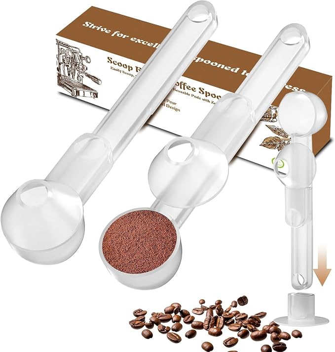 Coffee Scoop with Funnel for Ground Coffee, Protein Powder & Tea, 2 Tbsp | Mess-Free Scoop Funnel for Reusable K-Cup, Countertop Design for Home & Office, Handy Long Handle, Easy to Clean, 2-Pack