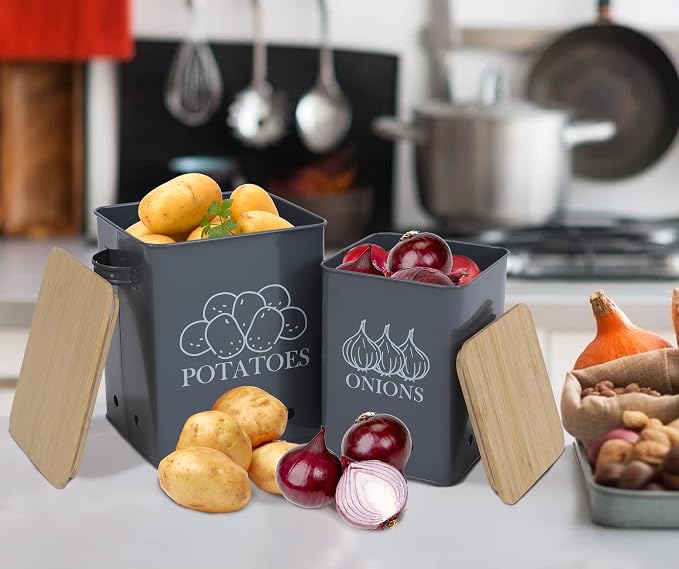 Kitchen Vegetable Storage Tins Set of 2, Onion and Potato Storage Bins with Wooden Lid and Aerating Holes, Garlic Bin Caddy, Vintage Kitchen Decor, Grey