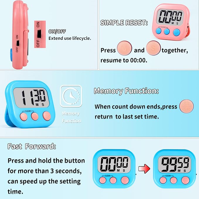 Timer for Kids Digital Kitchen Timers for Cooking- 2 Pack Blue Pink | Countdown Timer for Classroom Study Exercise Teacher Supplies, Strong Magnetic, Loud Alarm, Large Screen, Fast Reset, Memory
