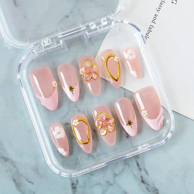 Handmade Press on Nails Medium Almond Fake Nails with 3D Gold Embossed & Flower Design Salon Quality Thickened Acrylic False Nail Full Cover Pink French Tips Stick on Nail for Women（Size S）