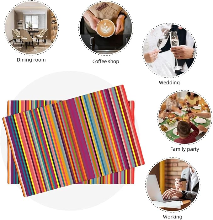 Bright Colorful Striped Placemats Set of 6, 12x18 Inch Rainbow Colored Geometric Pattern Table Mats for Holiday Party Kitchen Dining Room Decoration
