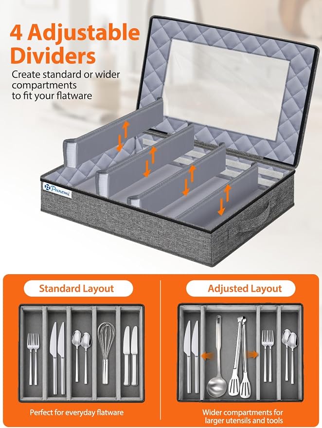 punemi Hard Shell Silverware Storage Box, Flatware Organizer, 2 Pack, Gray | Adjustable Dividers, Clear-Window Zippered Lids, for Spoons, Forks, Knives, Serving Utensils, Kitchen & Moving Storage