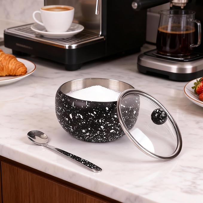 holoith Sugar Container with Glass Lid and Spoon, 16oz Snowflake pattern Stainless Steel Sugar Bowl for Coffee Bar Station Accessories Kitchen Storage for Salt, Candy, Coffee Bean (Black) | 16oz Snowflake pattern Stainless Steel Sugar Bowl for Coffee B...
