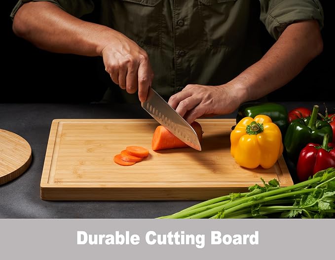 Allsum Bamboo Wood Cutting Boards for Kitchen, 1" Extra Thick Butcher Block with Juice Grooves & Handles Resisting to Warping and Cracking, Fancy Charcuterie Boards, 16"L x 11"W