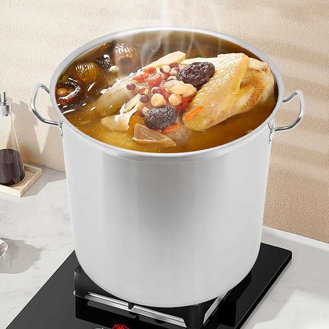 Stainless Steel Stockpot, 100 Quart Large Cooking Pots, Cookware Sauce Pot with Lid, Heavy Duty Commercial Kitchen Grade Stock Pot for Soup, Stew & Sauce, Riveted Silicone Handle