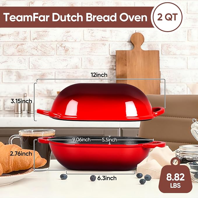TeamFar Enameled Cast Iron Bread Loaf Pan, 2 QT Oval Dutch Oven with Lid | for Sourdough Bread Baking, Enameled Meatloaf Loaf Baking Pan with Lid, Even Heat Distribution & Self-Basting, Red