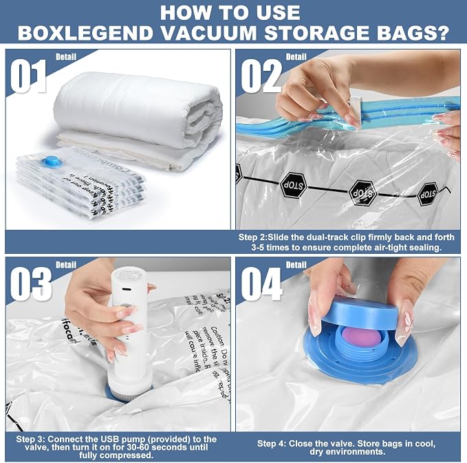 BoxLegend Vacuum Storage Bags with 1500mAh USB Electric Pump 22 Combo-2XXL, 5XL, 5L, 3M, Travel (4S, 3XS) Thickened Vacuum Seal Bags for Clothing, Space Saving for Coats, Quilts, Blankets, Pillows