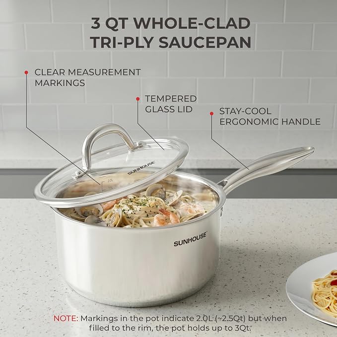 SUNHOUSE 2 QT Sauce Pan with Lid, Full Clad 3-Ply Stainless Steel Saucepan | Small Cooking Pot & Milk Pan - Induction Compatible - PFOA Free, Oven & Dishwasher Safe, Stay-Cool Handle