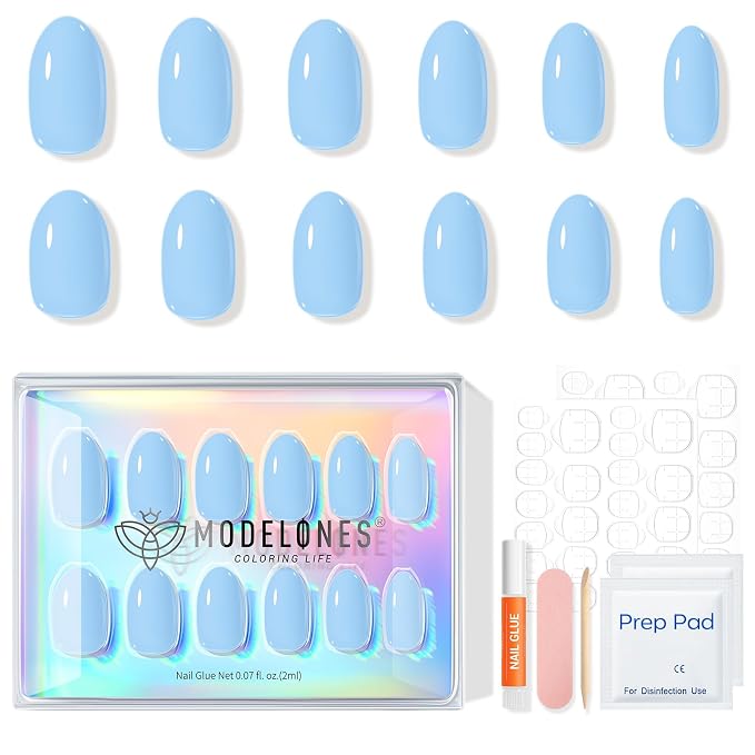 modelones Blue Short Press on Nails, Oval Fake Nails Kit Press On Nails | with Nail Glue, Adhesive Tabs, Nail File, Prep Pad, Manicure Stick, 32Pcs 16 Sizes, Summer Women Girl Gift