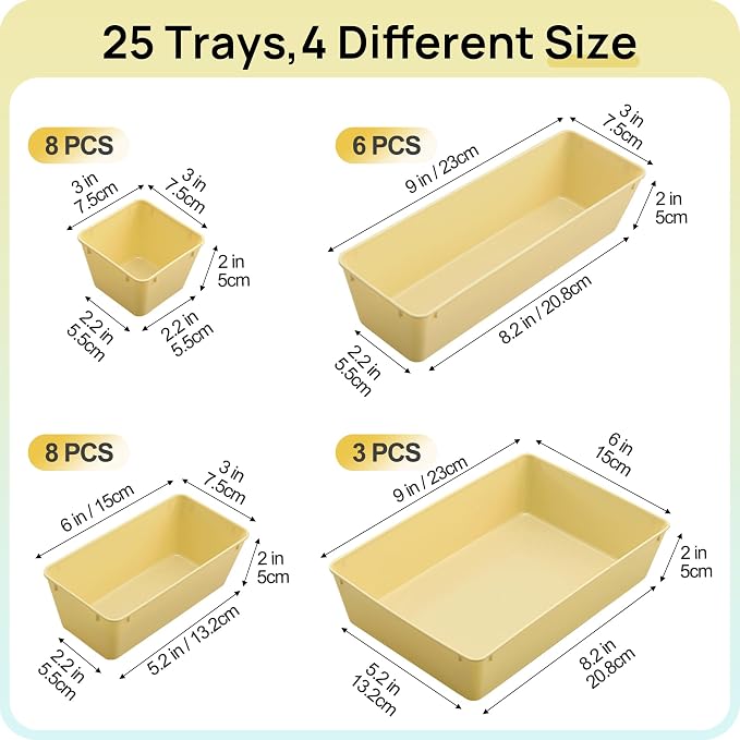 Vtopmart 25 Pack Plastic Drawer Organizers with Non-slip Rubber Pads | 4-Size Versatile Makeup Organizer, Storage Containers Small Bins for Makeup, Jewelries, Bedroom, Kitchen Utensils and Office