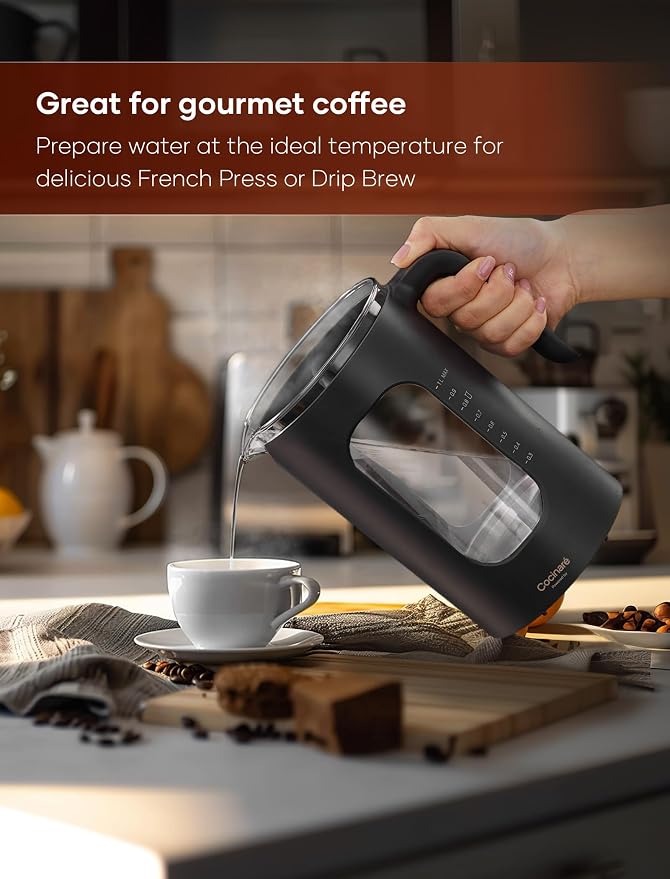 INTASTING Electric Tea Kettle with Infuser, 1℉ Temperature Control, 1 Liter | 1200W Fast Heating, BPA-Free Glass, Easy to Clean, Keep-warm, Auto shut-off, Wood