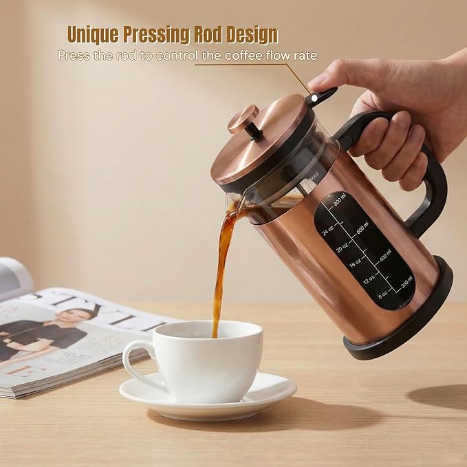 French Press Coffee Maker 34oz, 1000ml Borosilicate Glass Stainless Steel Coffee Brewer with Reusable Filters Portable Coffee Press for Kitchen Travel Camping