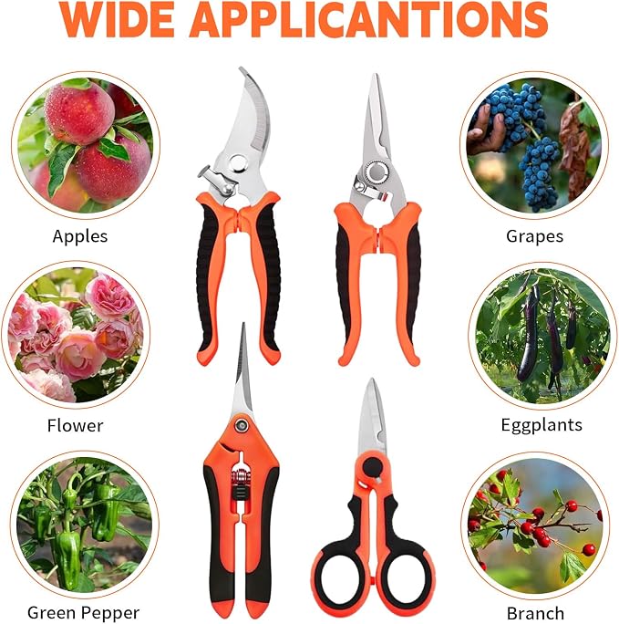 HoMaNa 4 Pack Garden Shears Pruning Set, Stainless Steel Multi-Blade | Sharp stainless steel blades with safety lock, spring ergonomic grips reduce hand strain, for flowers, bonsai garden