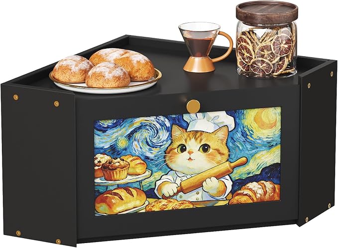 Trironsun Bread Box for Kitchen Counter Van Gogh Inspired Starry Night Cat Bread Storage Container with Acrylic Door Cute Baker Cat Design Unique Breadbox Organizer (Black, 1 Layer)