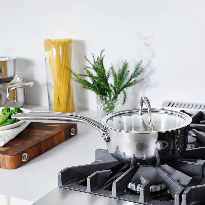 KEAWELL K3 Premium Tri-Ply Fully Clad Saucepan with Lid (1.5-Qt) | Tri-Ply Fully Clad Stainless Steel Saucepan; Small Pot with Lid; Even Heating; Induction and Oven Safe; For All Stovetops