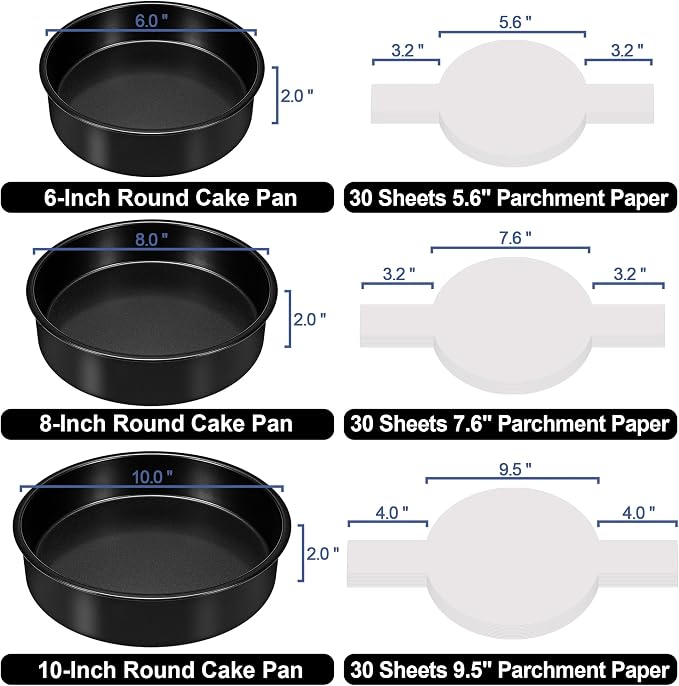 Round Cake Pans, 3PCS Circle Cake Pan with 90 Parchment Paper(6, 8, 10Inch) | Nonstick Cake Pan Set for Layer Cakes Deep-Dish Pizza, Cake Baking Pans for Christmas Birthday Thanksgiving, Dishwasher Safe