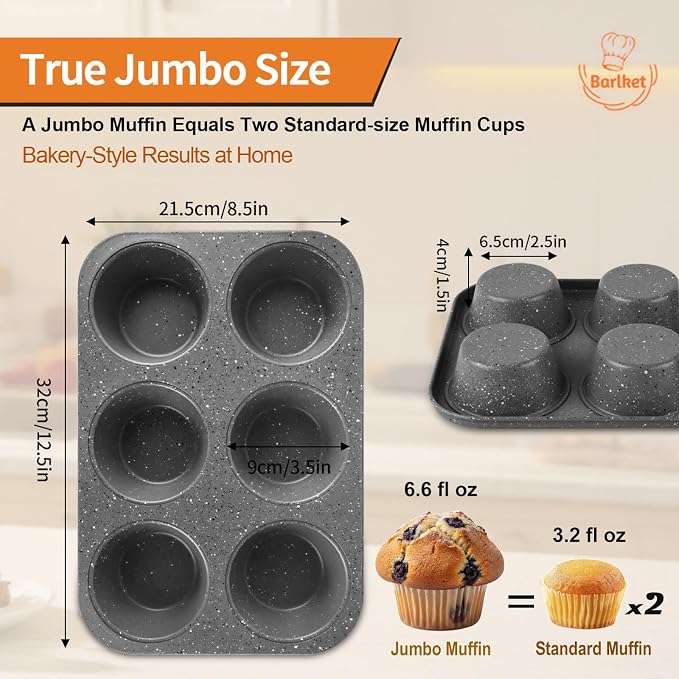 2 Pack Jumbo Muffin Pan, 6 Cup Large Cupcake Pan Muffin Tin Grey | Jumbo Muffin Tin extra Large Cupcake Pans with Speckled Granite Coating and Paper Liners, Nonstick Muffin Baking Pans