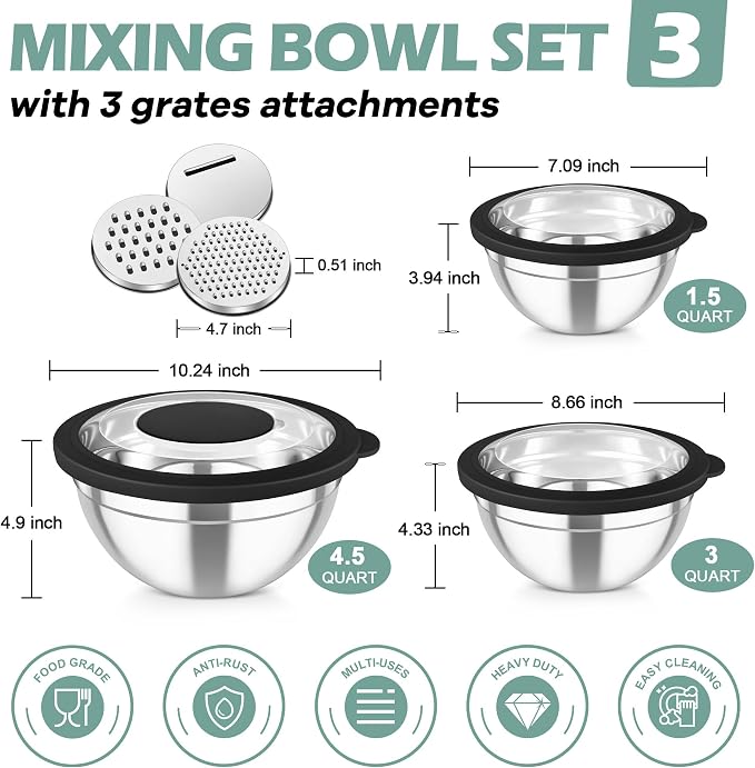 TeamFar Mixing Bowls, 3PCS Stainless Steel Serving Salad Bowls | with Lids & 3 Graters for Kitchen Mixing/Baking/Storing/Prepping, Visible & Airtight, Easy Clean - 4.5/3/1.5 QT, Black