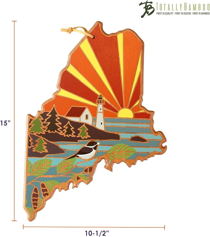 Totally Bamboo Maine State Shaped Cutting Board, Summer Stokes Art | State charcuterie board with colorful hand-drawn landscape art. Smooth reverse side for food prep. Hang tie for wall display.