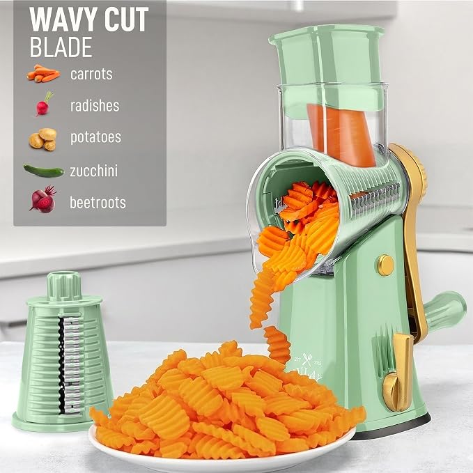 Zulay Kitchen Rotary Cheese Grater 5 Blade Cheese Shredder - Manual Hand Crank Cheese Grater With Reinforced Suction & 5 Interchangeable Drums - Easy to Use, Vegetable Chopper Round Mandoline Slicer
