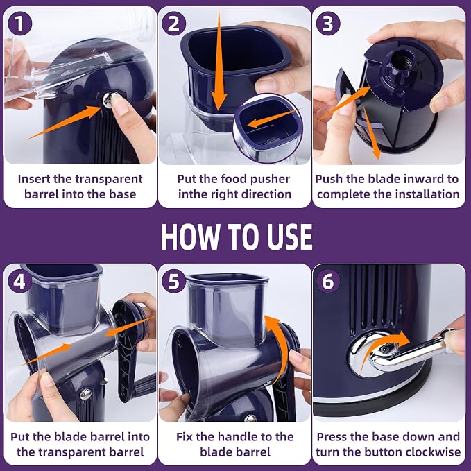 Rotary Cheese Grater with Handle, 5 Replaceable Blades(Purple) | Strong Suction Base, Round Food Slicer & Chopper for Kitchen Fruit Vegetables Nuts with Blade Storage Box