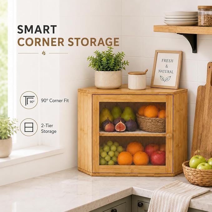 BAMBANG Corner Bread Box for Kitchen Countertop, Large Capacity Bamboo Wood Bread Storage Container, 2 Tier Farmhouse Breadbox with Fluted Acrylic Door for Bread, Homemade Bread and Snacks, Natural