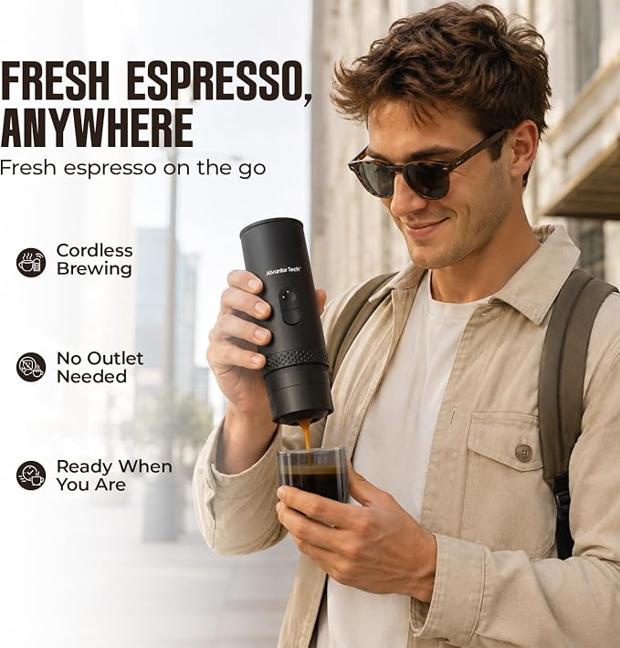 Portable Electric Espresso Machine, Mini Self-Heating Travel Coffee Maker for Ground Coffee & NS Capsules, Ideal for Camping, RV, Hiking & Office