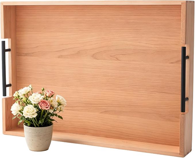 Large Ottoman Tray, 20"x14" Rectangular Trays for Big Ottoman, Maple Wooden Serving Tray with Metal Handles, Wood Serving Tray Counter Kitchen, Living Room Coffee Table Decor Organizer