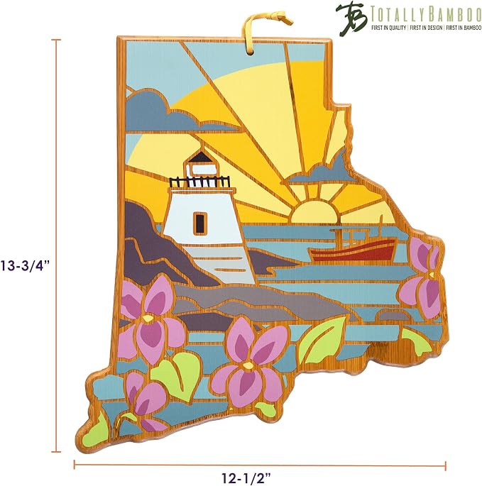 Totally Bamboo Rhode Island State Shaped Cutting Board, Summer Stokes Art | State charcuterie board with colorful hand-drawn landscape art. Smooth reverse side for food prep. Hang tie for wall display.