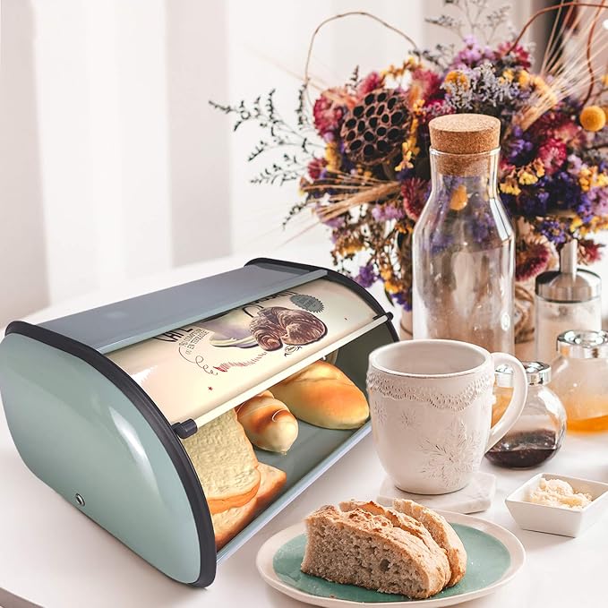 SOTECH Metal Bread Box Roll Top Vintage Breadbox for Kitchen Countertop Retro Bread Bin Holder Counter Farmhouse Bread Storage Container Blue