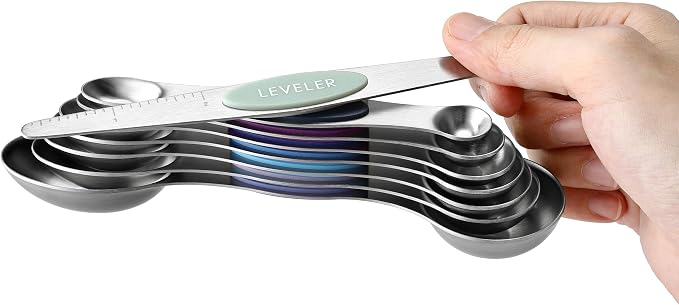 Spring Chef Stainless Steel 8 Magnetic Measuring Spoons Set, Winter Frost | Dual Sided Metal Teaspoon & Tablespoon Measuring Spoons with Leveler for Dry & Liquid Ingredients, Fits in Kitchen Spice Jars