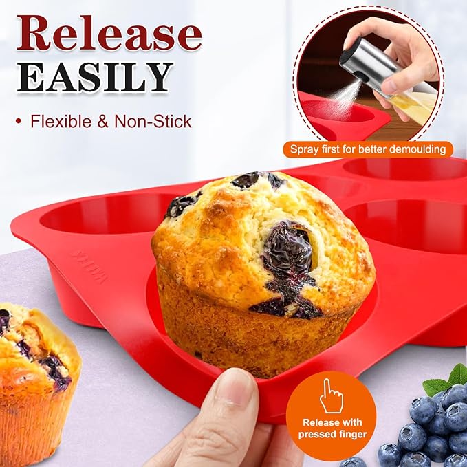 Walfos Silicone Texas Muffin Pan - 6 Cup Jumbo Silicone Cupcake Pan, Non-Stick, Just Release! Perfect for Egg Muffin, Big Cupcake - BPA Free and Dishwasher Safe