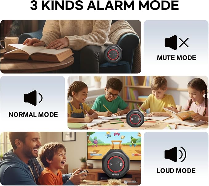 Flip Cube Pomodoro Timer - Rechargeable Visual Countdown & Count Up Stopwatch, 7 Preset Intervals, 3 Alarm Modes, Productivity Tool for ADHD, Kids, Study, Work & Kitchen (Gray)