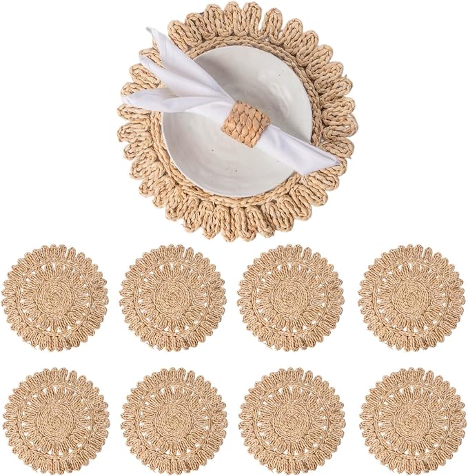 15" Set of 8 Round Woven Corn Husk Placemats by Laquedecraft | Protects Tables from Heat & Scratches, Perfect for Everyday Dining, Family Gatherings and Holiday Entertaining