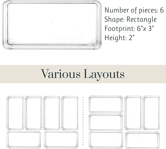 STORi SimpleSort 6-Piece Stackable Clear Drawer Organizer Set | 6" x 3" x 2" Rectangle Trays | Small Makeup Vanity Storage Bins and Office Desk Drawer Dividers | Made in USA