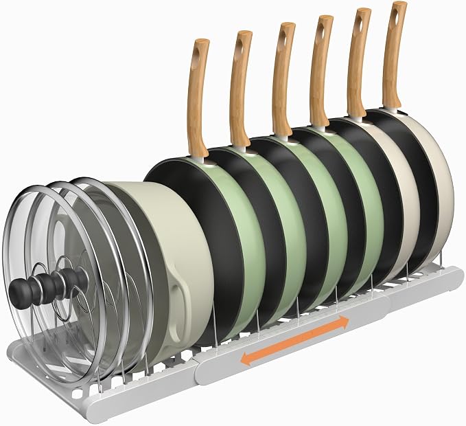 Expandable Pots and Pans Organizer Under Cabinet, Pan Organizer Rack with 9 Adjustable Slots, Pot Lid Holder for Cabinet, Countertop, Plates, Cutting Boards, Baking Sheets-White