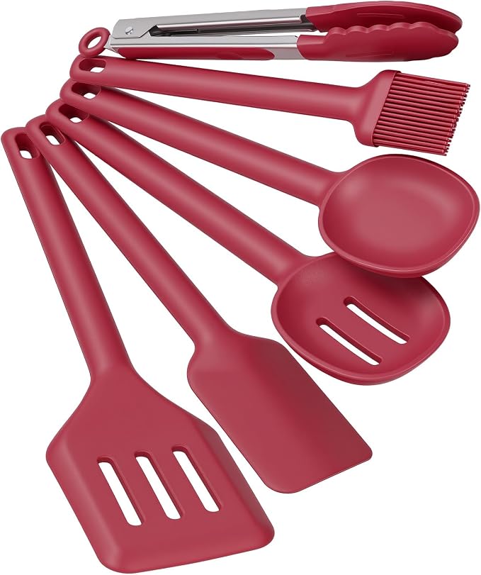 Kitchen Utensils Set 6 PCS,Silicone Cooking Utensils Set Spatula Set,446℉ Heat Resistant Cooking Utensils,Tongs,Spoon,BPA Free Kitchen Gadgets Appliances for Non-Stick Cookware,Home Essential(Red-6P)
