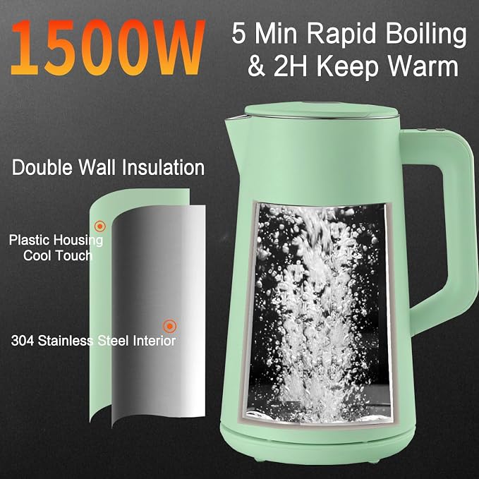 1.5L Electric Kettle Temperature Control, Green | Double Wall Cool Touch Teapot, Fast Boil, 5 Temperature Control, LED Display, Auto Shut-Off & Keep Warm
