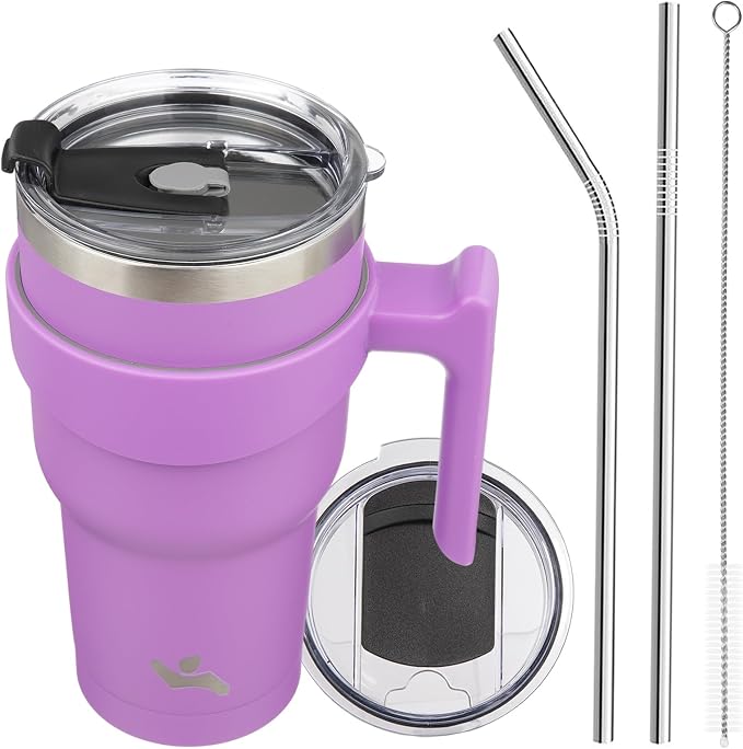 Konokyo 30 oz Tumbler with Handle and Straw, Insulated Travel Mug | Lavender; BPA-free, leak-proof tumbler with 2 lids, 2 straws, cup holder fit for coffee, office, travel & daily use