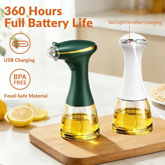 Electric Oil Sprayer for Cooking, USB Rechargeable Olive Oil Sprayer with One-Touch Mist, Leak-Proof, Dustproof Design, Perfect for Healthy Cooking, Olive Oil Dispenser for Precise Control