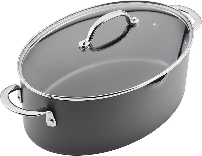 Rachael Ray Cookware, Professional Hard Anodized Nonstick Cookware Oval Pasta Stockpot and Braiser, 8-Quart, Gray