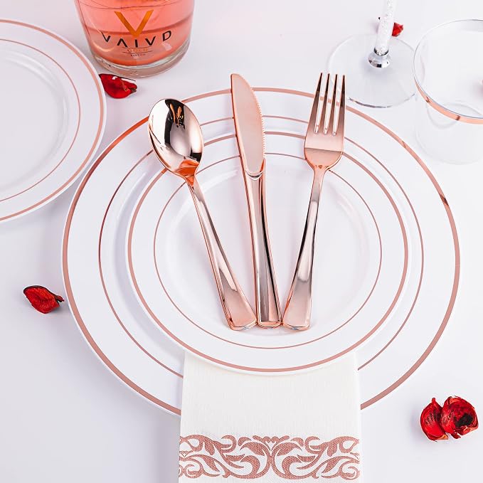 300PCS Rose Gold Plastic Silverware, Disposable Cutlery & Utensils | Heavy Duty Flatware, 100 Forks, 100 Spoons, 100 Knives, for Party, Wedding & Everyday Use