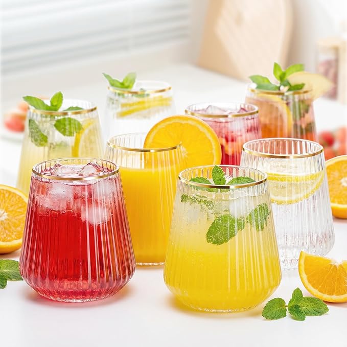 N9R 40PCS Plastic Wine Glasses Disposable, 14 oz Gold Rim Cocktail Spritz | Clear Gold Stemless Champagne/Whiskey/Drinking Cups, Fancy Origami Ripple, Shatterproof, for Parties, Weddings, Pool and Bar