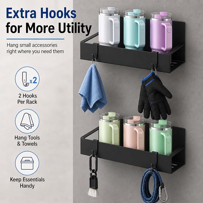 4 Pack Magnetic Cup Holder Heavy Duty, 12 Cup Capacity Water Bottle Organizer fit for Stanley Cup, Tumbler Storage Rack for Kitchen, Side of Fridge, Garage, Laundry Room, Cabinet, Pantry, RV - Black